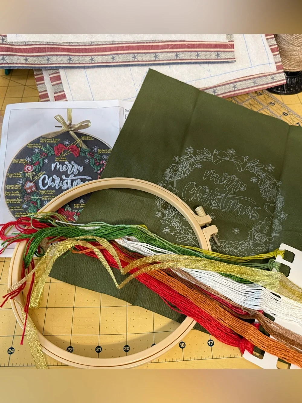 Merry Christmas Embroidery Kit – Green & Red Holiday Wreath
